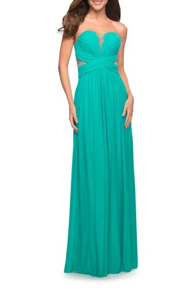 La Femme Net Jersey Dress With Gathered Bodice And V Neckline In Green