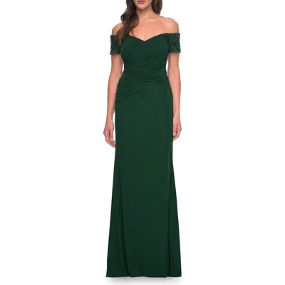 La Femme Net Jersey Long Gown With Exquisite Beaded Design In Emerald