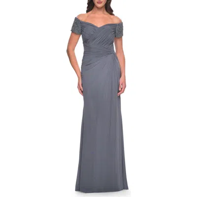La Femme Net Jersey Long Gown With Exquisite Beaded Design In Gunmetal
