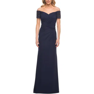La Femme Net Jersey Long Gown With Exquisite Beaded Design In Navy