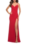 La Femme Net Jersey Long Ruched Gown With Slit And Open Back In Red
