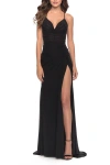 La Femme Net Jersey Ruched Prom Dress With Illusion Bodice In Black