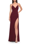 La Femme Net Jersey Ruched Prom Dress With Illusion Bodice In Dark Berry