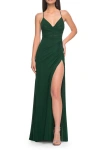 La Femme Net Jersey Ruched Prom Dress With Illusion Bodice In Dark Emerald