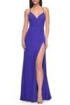 La Femme Net Jersey Ruched Prom Dress With Illusion Bodice In Blue