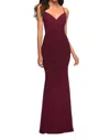 La Femme Net Jersey With Sheer Corset Style Bodice Prom Dress In Dark Berry In Red