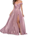 La Femme Off Shoulder A-line Gown In Pink Metallic In Multi
