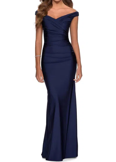 La Femme Off Shoulder Ruched Jersey Gown In Navy In Blue