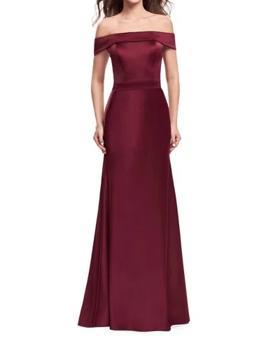 La Femme Off Shoulder Trumpet Gown In Burgundy