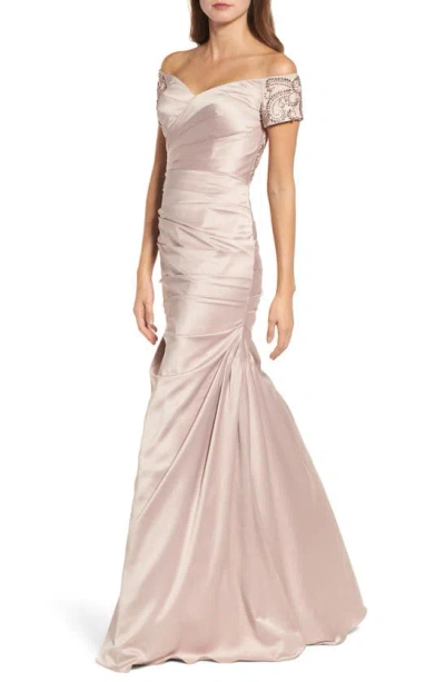 La Femme Off The Shoulder Beaded Satin Trumpet Gown In Champagne