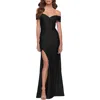 La Femme Off The Shoulder Chic Jersey Gown With Ruching