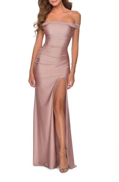 La Femme Off The Shoulder Dress With Tie Back And Slit