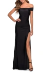 La Femme Off The Shoulder Dress With Tie Back And Slit In Black
