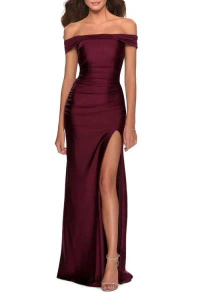 La Femme Off The Shoulder Dress With Tie Back And Slit In Dark Berry