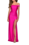 La Femme Off The Shoulder Dress With Tie Back And Slit In Hot Pink