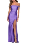 La Femme Off The Shoulder Dress With Tie Back And Slit In Periwinkle