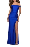 La Femme Off The Shoulder Dress With Tie Back And Slit In Royal Blue