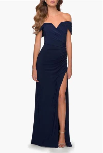 LA FEMME OFF THE SHOULDER FULLY RUCHED FLOOR LENGTH GOWN IN NAVY