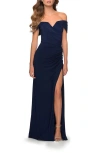 La Femme Off The Shoulder Fully Ruched Floor Length Gown In Navy