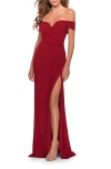 La Femme Off The Shoulder Fully Ruched Floor Length Gown In Red