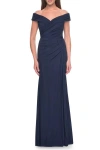 La Femme Off The Shoulder Jersey Evening Gown With Ruching