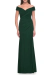 La Femme Off The Shoulder Jersey Evening Gown With Ruching