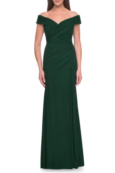La Femme Off The Shoulder Jersey Evening Gown With Ruching