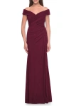 La Femme Off The Shoulder Jersey Evening Gown With Ruching