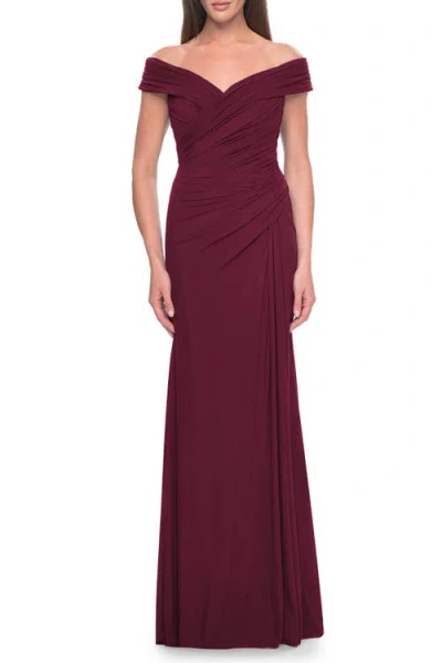 La Femme Off The Shoulder Jersey Evening Gown With Ruching