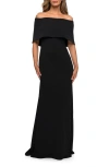 La Femme Off The Shoulder Jersey Gown With Column Skirt In Black