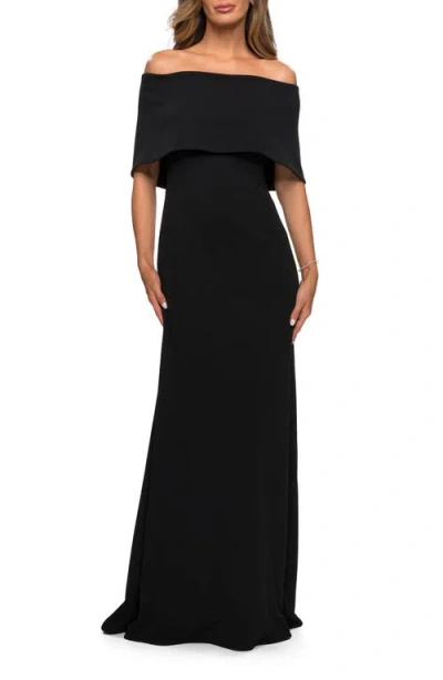 La Femme Off The Shoulder Jersey Gown With Column Skirt In Black