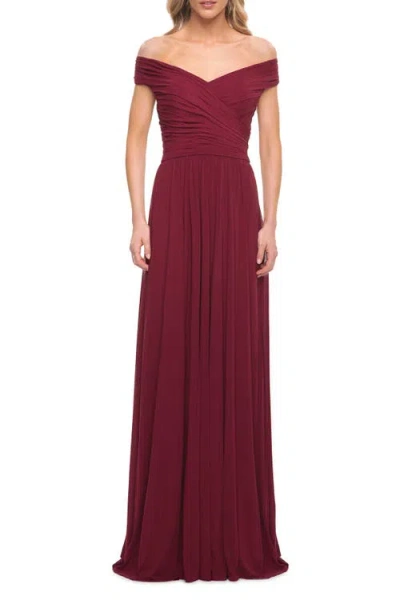 La Femme Off The Shoulder Net Jersey Long Dress With Ruching In Burgundy