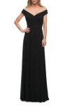 La Femme Off The Shoulder Net Jersey Long Dress With Ruching In Black