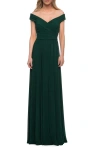 La Femme Ruched Jersey Column Gown In Emerald