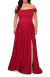 La Femme Off The Shoulder Plus Size Dress With Leg Slit In Red