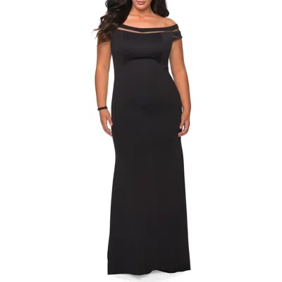 La Femme Off The Shoulder Plus Size Gown With Sheer Neckline Detail