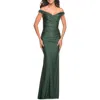 La Femme Off The Shoulder Prom Dress With Ruching In Dark Emerald