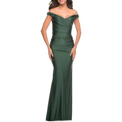 La Femme Off The Shoulder Prom Dress With Ruching In Dark Emerald