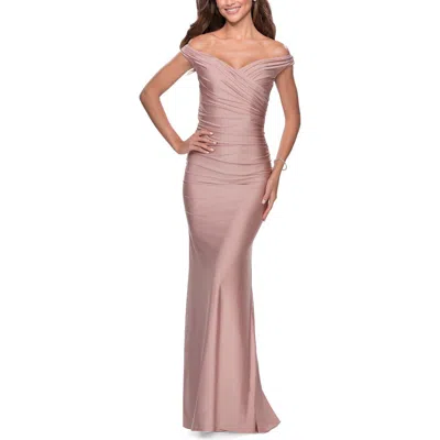La Femme Off The Shoulder Prom Dress With Sweetheart Neckline In Mauve