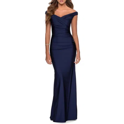 La Femme Off The Shoulder Prom Dress With Sweetheart Neckline In Navy