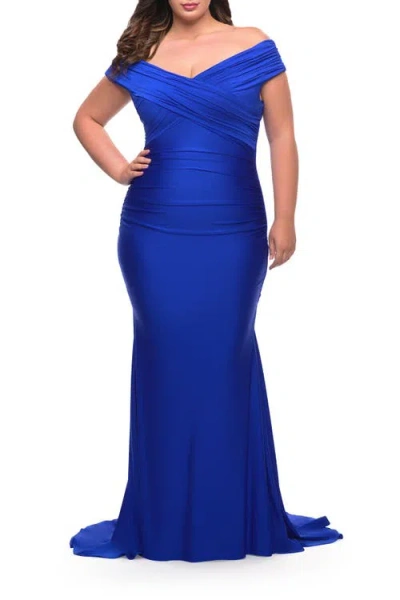 La Femme Off The Shoulder Ruched Plus Size Gown With Train In Blue
