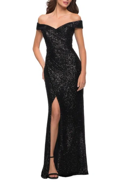 La Femme Off The Shoulder Ruched Sequin Dress With Slit In Black
