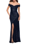 La Femme Off The Shoulder Ruched Sequin Dress With Slit In Navy