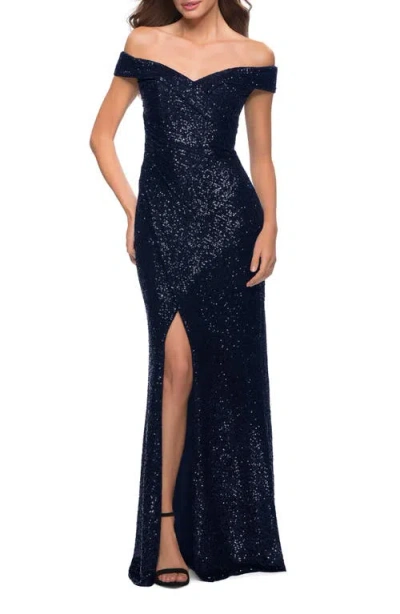La Femme Off The Shoulder Ruched Sequin Dress With Slit In Navy