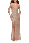 La Femme Off The Shoulder Ruched Sequin Dress With Slit In Rose Gold