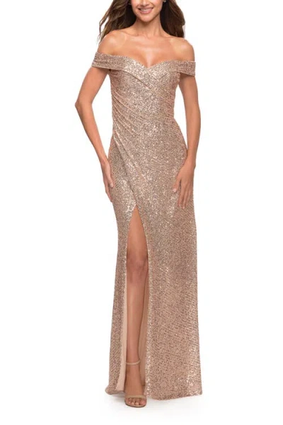 La Femme Off The Shoulder Ruched Sequin Dress With Slit In Rose Gold