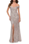 La Femme Off The Shoulder Ruched Sequin Dress With Slit In Silver