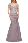 La Femme Off The Shoulder Satin And Lace Beaded Mermaid Gown In Silver