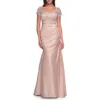 La Femme Off The Shoulder Satin And Lace Mermaid Pleated Gown In Champagne