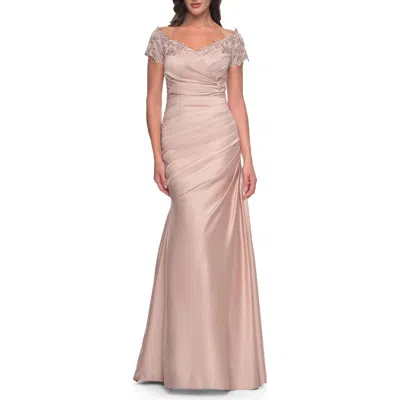 La Femme Off The Shoulder Satin And Lace Mermaid Pleated Gown In Champagne